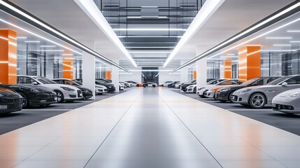Spacious modern car park with luxury design elements and ample space for branding. AI generated illustration