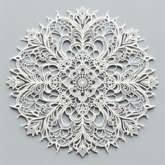 A pattern of white lace, or tatting, set against a gray background. Generated with AI.