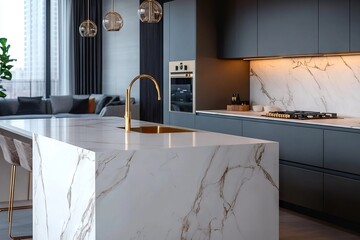 Luxurious modern kitchen with marble island and grey cabinets in an upscale apartment. AI generated illustration
