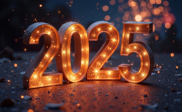 Happy New Year 2025, Happy new year beautiful creative holiday web banner or flyer with firework and sparkling numeric ye