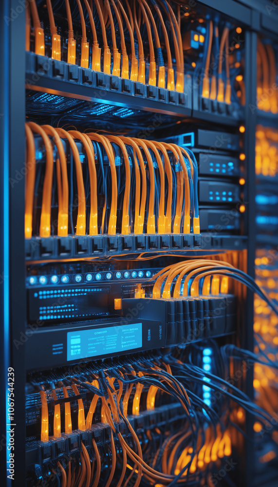 Aufkleber secure internet technology network: lan cable infrastructure in a modern server room for reliable da