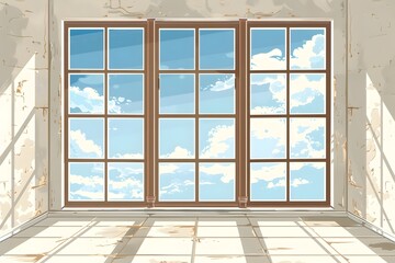 Fototapeta premium Bright and Airy Room with Large Windows Showcasing a Beautiful Sky