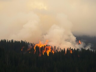 A dense forest engulfed in flames with smoke billowing into the air, fire hazard, smoke and fire