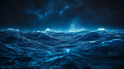 Fototapeta premium A cosmic ocean with glowing waves, under a night sky filled with stars and swirling galaxies