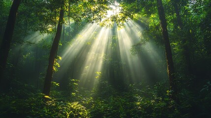 Obraz premium A lush forest filled with sunlight filtering through dense, tall trees and a misty morning glow