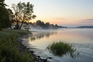 A quiet dawn unfolds on the shore where morning fog clings to the rippled waters' edge, morning fog, calm atmosphere