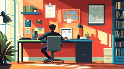 Small office workspace, featuring a business owner at a desk, managing tasks, colorful vector art