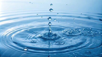 A school of blue water drops forming a circular motion on a still surface creating an intricate pattern, blue water drops, intricate pattern, aquatic landscape, natural movement, school