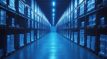 Obraz premium Blue warehouse aisle filled with stacked goods industrial lighting clean and organized storage