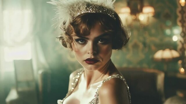 Elegant woman in vintage flapper dress and feathered headpiece, with intense gaze in a glamorous 1920s-inspired setting, evoking classic style and sophistication in slow motion