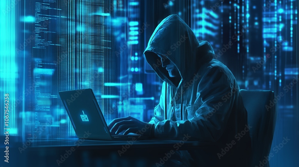 Poster a hooded figure works on a laptop in a dark room filled with glowing binary code and blue digital el