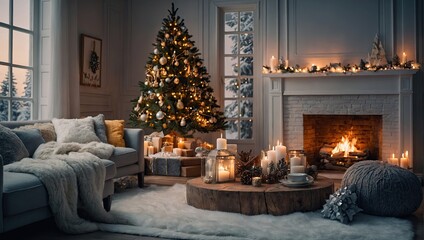 The modern bright interior of the living room of the house with a fireplace with Christmas decor, warm golden lights of garlands, large windows with snow and winter. Christmas Eve, New Year at home. 