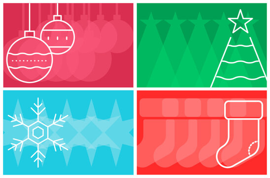 Modern Merry Christmas Postcard Collection Set: Holiday Greetings Flat Design Minimal Vector Art Colorful Vibrant