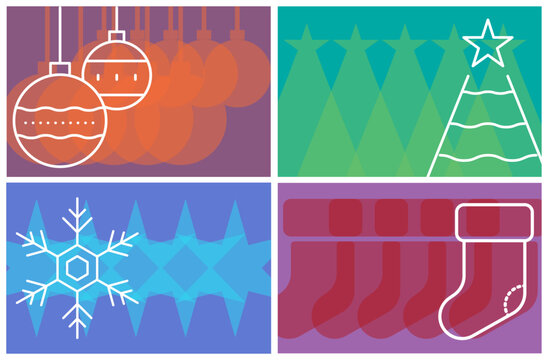 Modern Merry Christmas Postcard Collection Set: Holiday Greetings Vintage Nostalgic Flat Design Minimal Vector Art