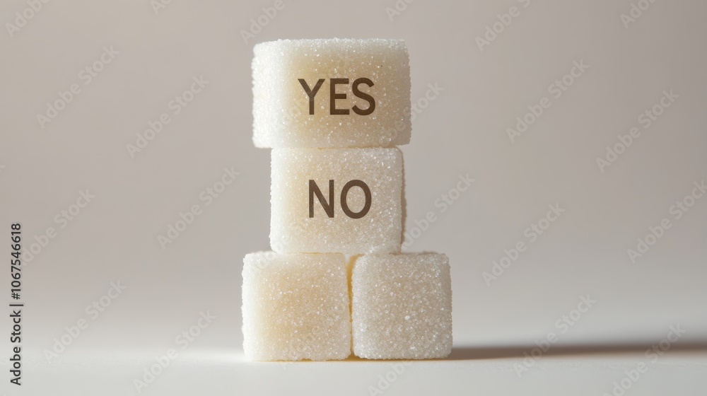 Poster three sugar cubes stacked with yes and no on them, showing a tough choice on sugar intake