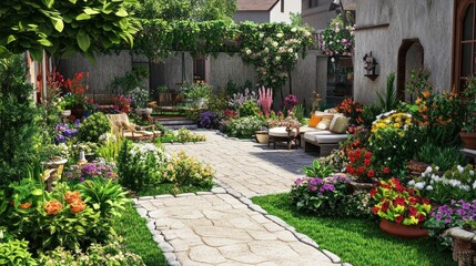 Naklejka premium A lush, green garden with a stone path leading to a patio with seating and potted plants.