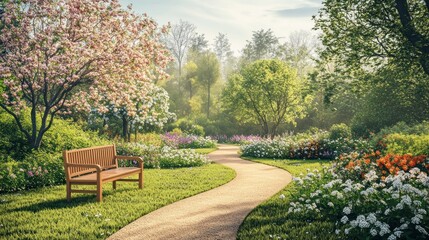 Obraz premium A wooden bench sits on a grassy path winding through a lush garden with blooming trees and flowers in the morning sunlight.