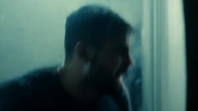 Mysterious Atmosphere Man Walking Through Foggy Corridor with Dim Lighting and Shadows, Creating Suspense and Intrigue Indoors