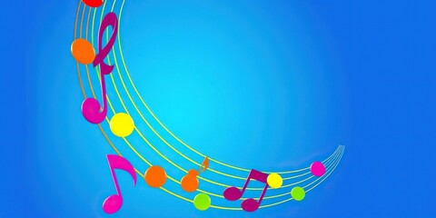 A stylized musical staff with colorful notes arranged in a spiral shape on a bright and bold blue background, harmony, rhythm