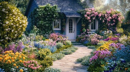 Obraz premium A charming blue cottage with a lush flower garden and a stone path leading to the front door.