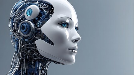Abstract image of artificial intelligence in the form of a combination of a robot head and a network with free space for text , blue and silver shades, 3D rendering