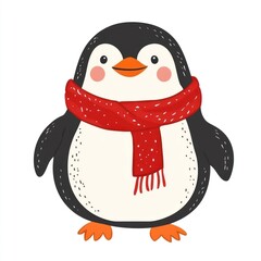 Fototapeta premium Cute illustration of chubby happy Penguin with red scarf penguin winter animal.