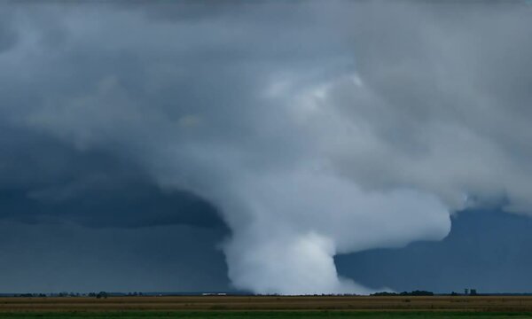 Massive funnel cloud descends from dark storm clouds over a flat rural landscape