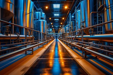 Fototapeta premium Industrial Pathway Through a Modern Brewery with Gleaming Stainless Steel Equipment