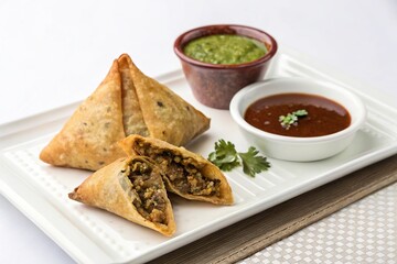 Aromatic keema samosa on a white background with a side of chutney, condiment, spicy filling, Indian cuisine, fried food