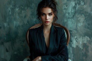 Fototapeta premium Elegant Portrait of a Woman in a Black Suit Against a Textured Background