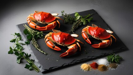 "Vibrant Red Crabs with Fresh Herbs and Spices for Culinary Presentation Art"