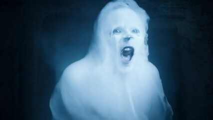 Ethereal ghostly figure emerges from mist, illuminated by chilling blue light, evoking fear and surprise in spooky atmosphere filled with haunting presence. - Powered by Adobe