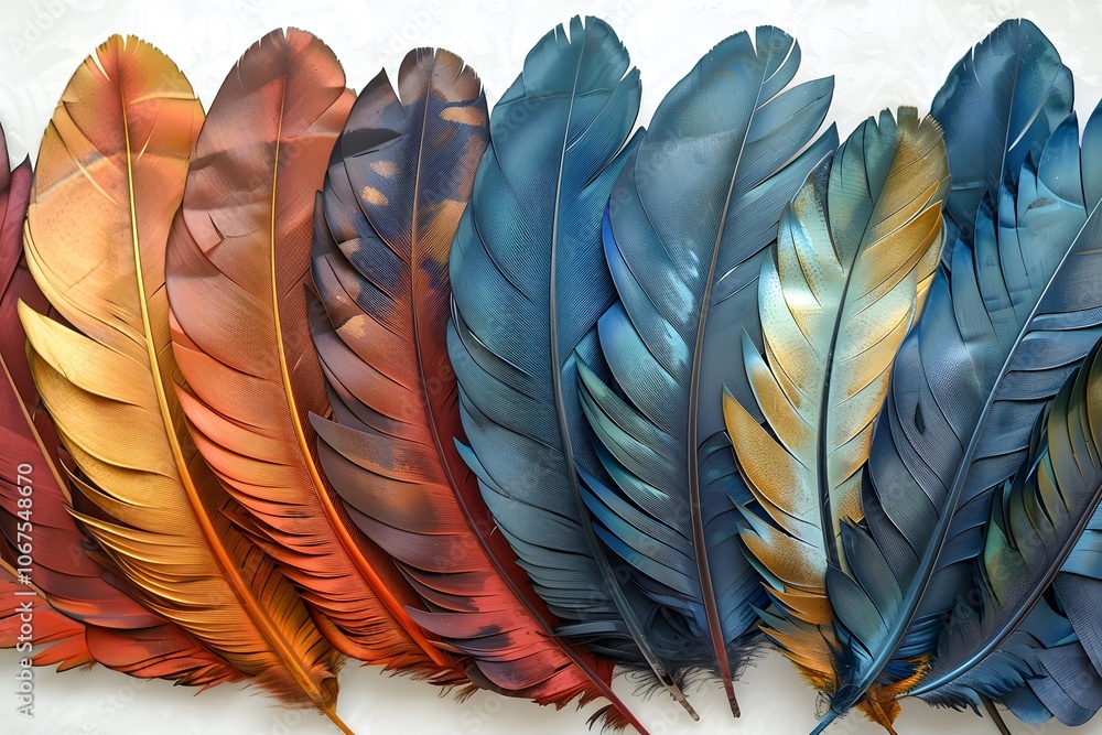 Poster vibrant collection of colorful feathers displayed in a row