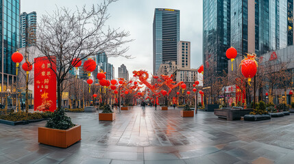 Obraz premium City plaza decorated with red lanterns, golden dragon figure, and festive lights, celebrating Chinese New Year in a modern urban environment.