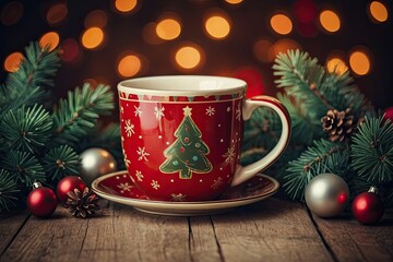 A Christmas cozy mug with a hot drink on a festive background with garland lights, Christmas decor and copyspace. New Year card
