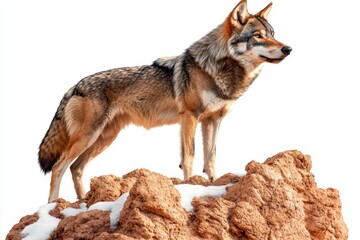 Obraz premium Majestic wolf standing on a snowy hill under a full moon, symbolizing strength, mystery, and the beauty of the wild