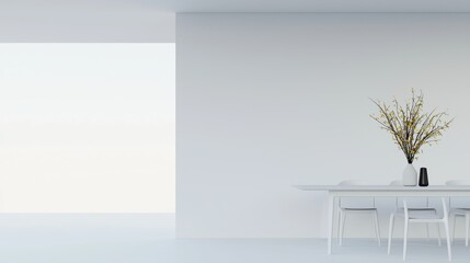 Minimalist dining room with large windows, simple decor, natural light, bright and airy ambiance, modern elegance, 3D illustration