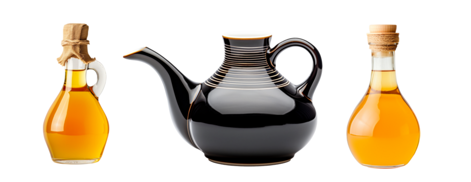 Bottle of dark soy sauce and white vinegar isolated on white transparent background.