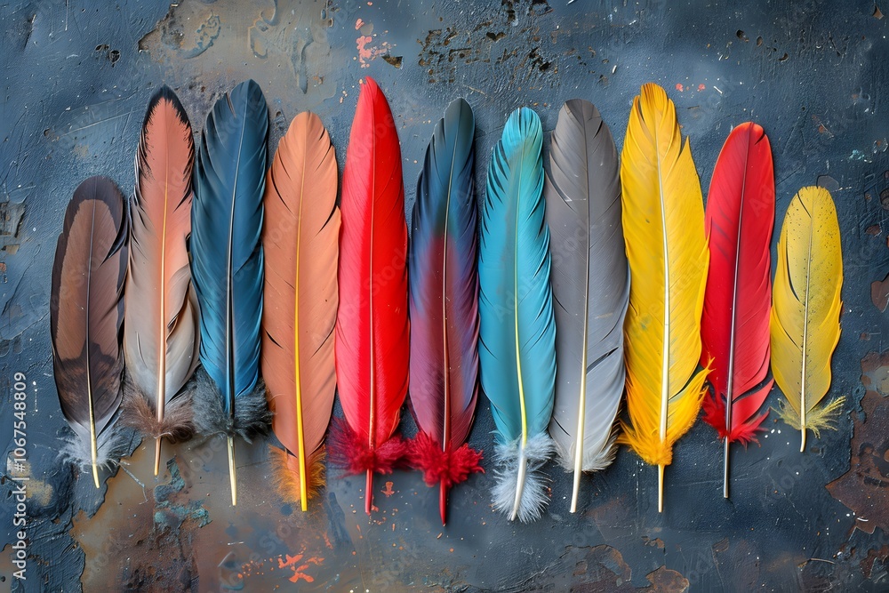 Poster vibrant collection of colorful feathers displayed on a rustic background
