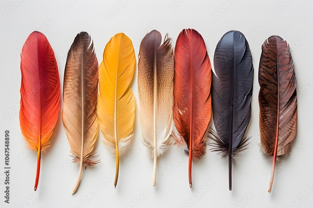 Poster a vibrant array of colorful feathers displayed in a beautiful gradient