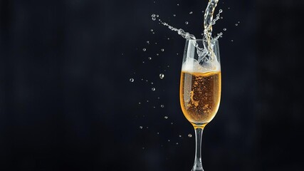Champagne wine splashing out of glass creating a dramatic motion effect, refreshment, golden, luxury