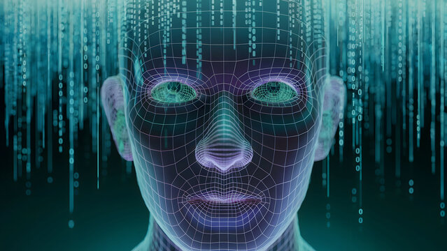 3D Digital Representation of a Human Face with Grid Overlay and Flowing Binary Code in a Futuristic Virtual Environment