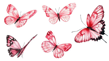 Collection of Delicate Pink Watercolor Butterflies Isolated on White Generative AI