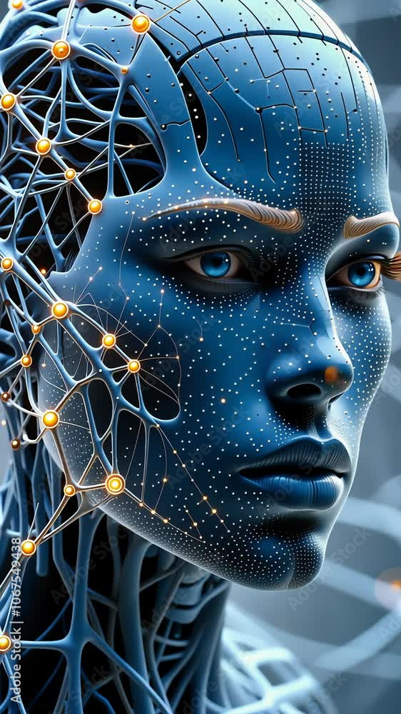 Poster futuristic ai face morphing with neural network and digital connections