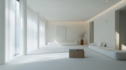 Minimalist white living room with large windows, white furniture, and wooden coffee table.