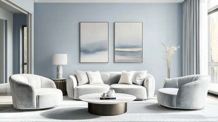 Modern Living Room Interior with Grey Couches, Abstract Art, and a White Shag Rug