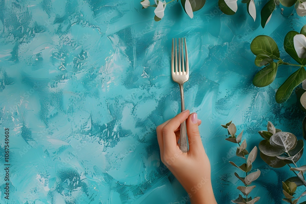 Poster elegant dining setup with a fork and fresh greenery on a vibrant turquoise background