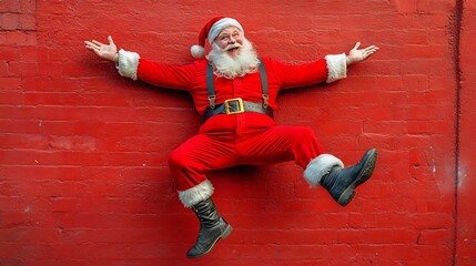 Santa Claus in a playful pose with suspenders over red trousers and cool boots plain background enhances his lively look