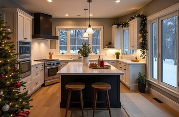 White interior of a cozy modern Christmas kitchen, new Year's mood, preparing for the holiday,...