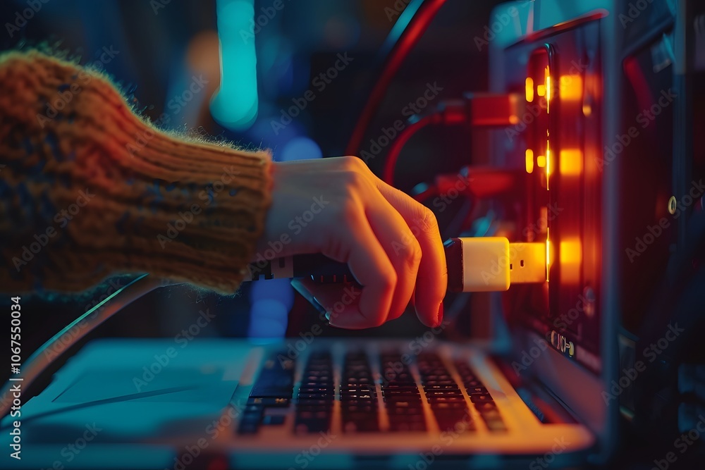 Poster connecting a usb device to a laptop in a colorful tech environment